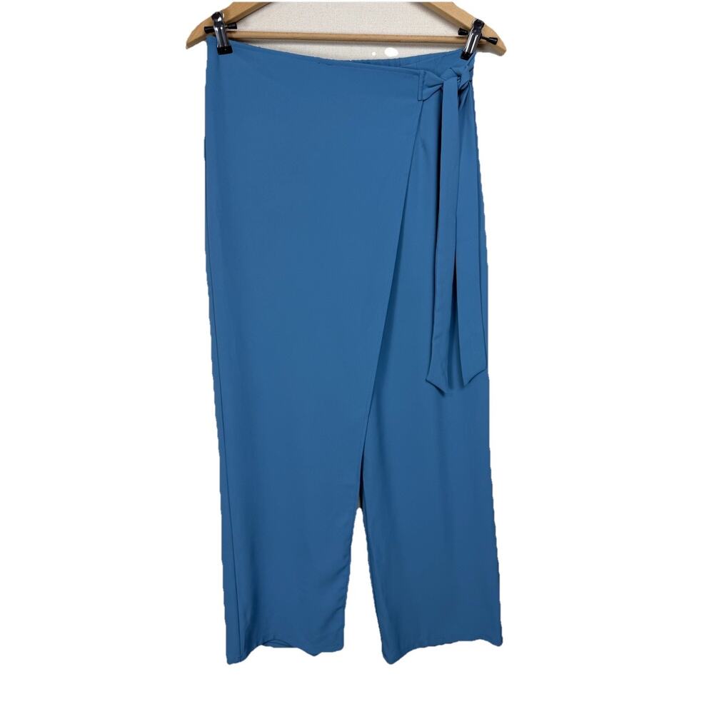 Halara Lt. Blue Palazo Pants Wide Leg Faux Wrap Sz L Tie Front High Waist